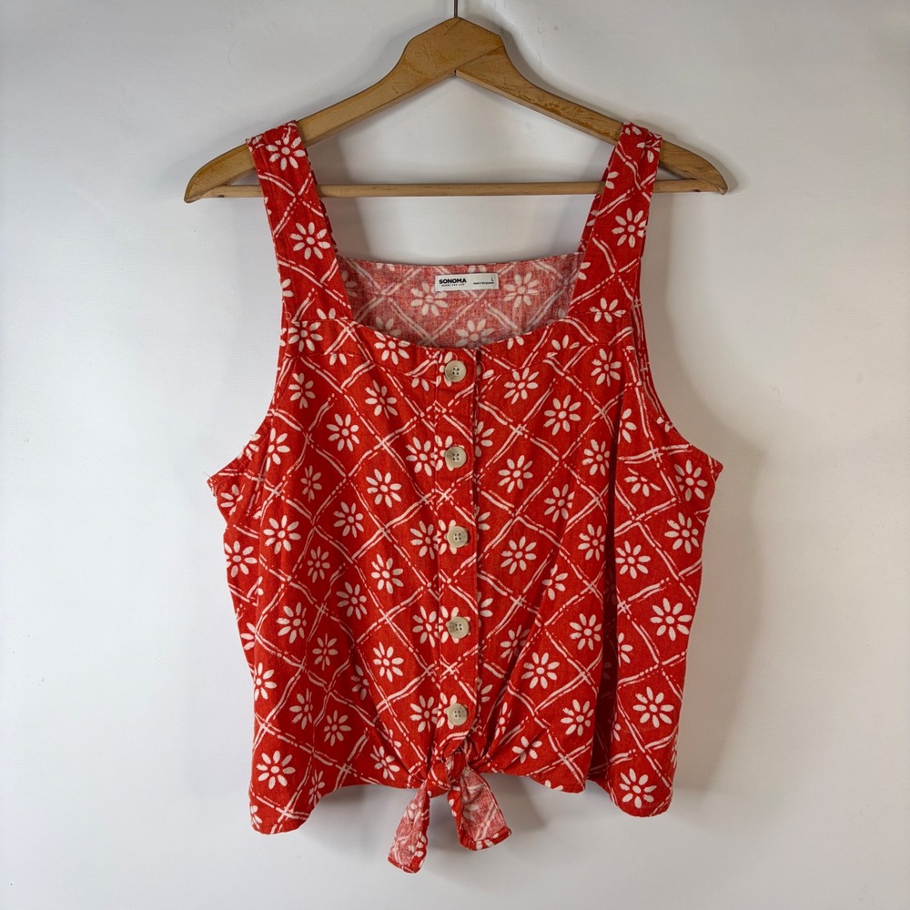 Sonoma Tank Top Womens Large Red Floral Linen Blend Button Tie Front Sleeveless